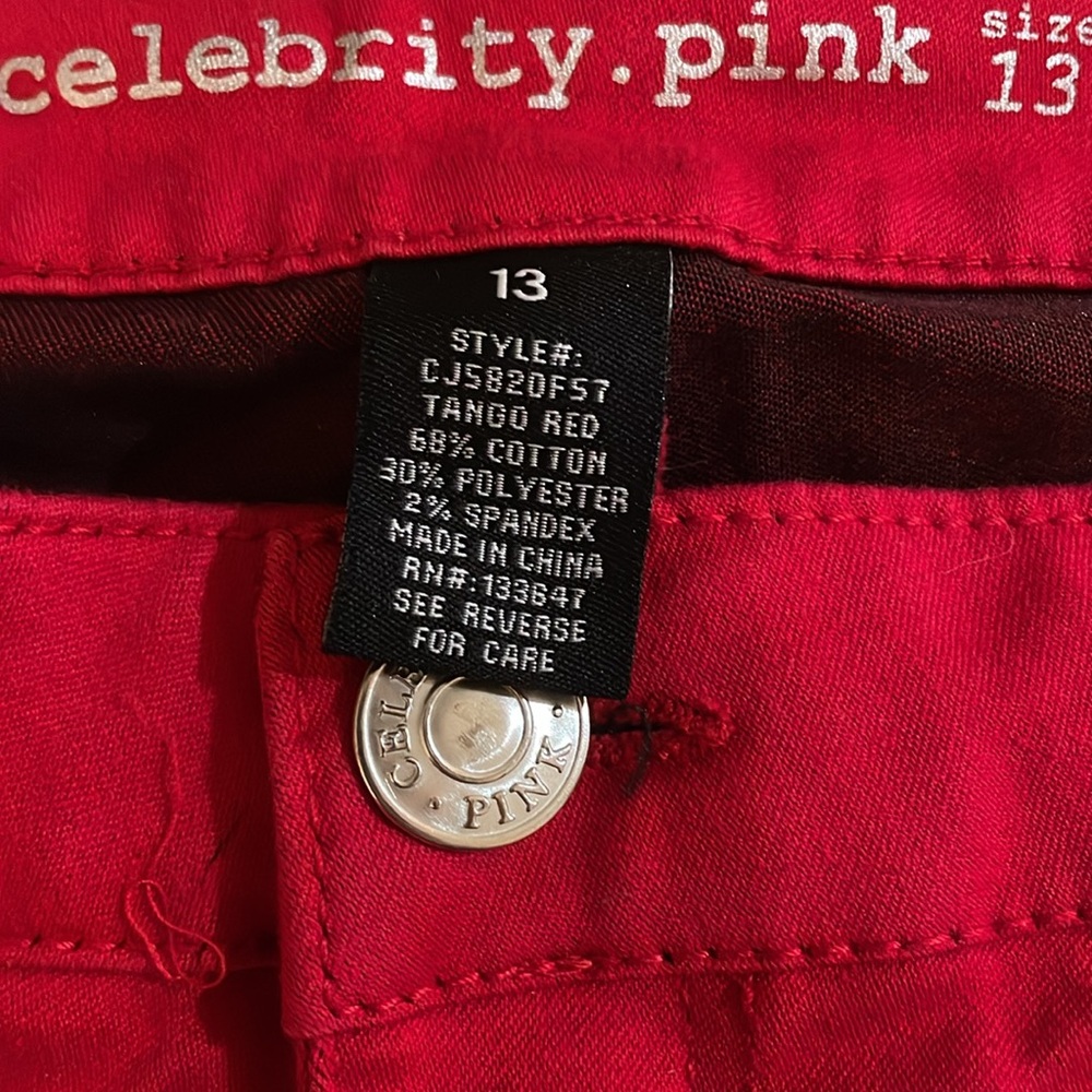 Celebrity Pink stretchy Bold Scarlet Red Jr SZ 13 Pants w silver logo plate EUC - Picture 3 of 13